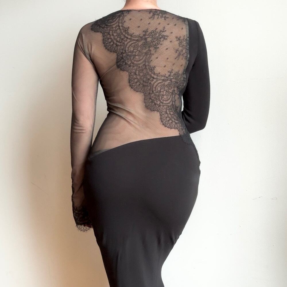 Black Asymmetric Mesh & Lace Evening Gown - Picture 3 of 16